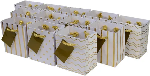 Bolsas de regalo de papel dorado metálico con asas, ideales para fiesta de cumpleaños, con diseños de lunares, rayas y cheurón; 12 unidades. 4 x