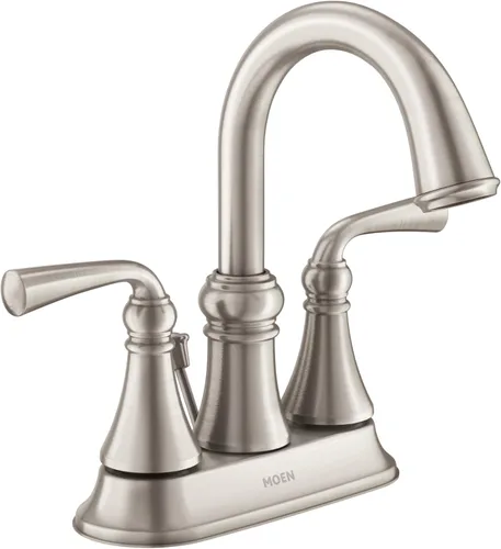 Moen Wetherly – Grifo de baño con dos asas, centrado, de níquel cepillado resistente a las manchas, con montaje de desagüe, WS84850SRN