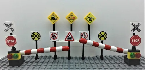 Miniatura 4 de Edificio Ladrillos Juguetes Tren Ferrocarril Cruzar Señal Cruzando Puerta 4 Señales Ciudad Ciudad Miniatura Ferrocarril Modelado Niños AFOL