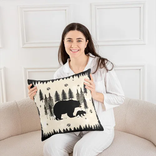 Miniatura 4 de Cartoon Bear Pillow Cover Cute Wild Animal Paw Print Cushion Cover for Kids Boys Girls Teens Jungle Pine Trees Silhouette Cabin Pillow Case for