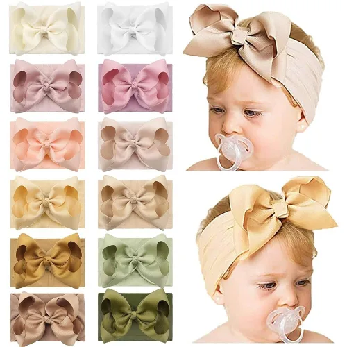 12 diademas de 6 pulgadas para bebé, diademas de nailon suave, con lazo grande, súper elásticas, para bebés, niñas recién nacidas y niños pequeños