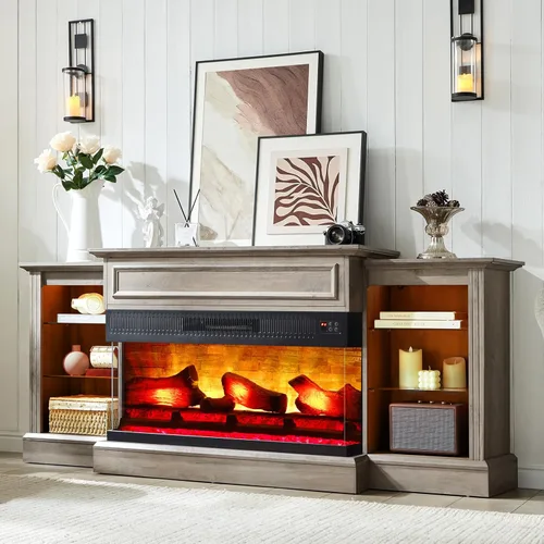 Miniatura 10 de AMERLIFE - Chimenea eléctrica de 60 pulgadas con repisa, soporte de TV de chimenea de tres lados estilo granja para televisores de hasta 65