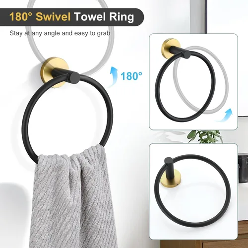 Miniatura 5 de TQKAG Juego de accesorios de baño negro y dorado de 5 piezas, juego de toalleros redondos de acero inoxidable de 23.6 pulgadas para baño montado