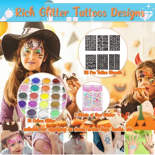 Miniatura 5 de TEUVO Kit de tatuaje con purpurina para niños con polvo de purpurina de 50 colores, 132 plantillas, 10 calcomanías luminosas, 6 polvos que brillan