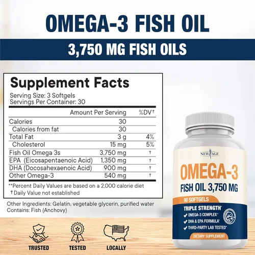 Miniatura 3 de Aceite de pescado Omega 3 Triple Strength 3750 mg - EPA y DHA - Más de 3000 mg de ácidos grasos omega-3 - 1350 mg EPA + 900 mg DHA - Los mejores