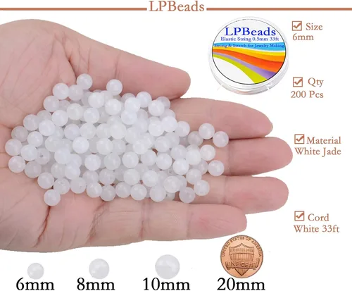 Miniatura 2 de LPBeads 200 piezas cuentas sueltas y redondas de jade blanco natural (piedra preciosa) de 6mm, pulidas, con cordón elástico para hacer joyas, Jade