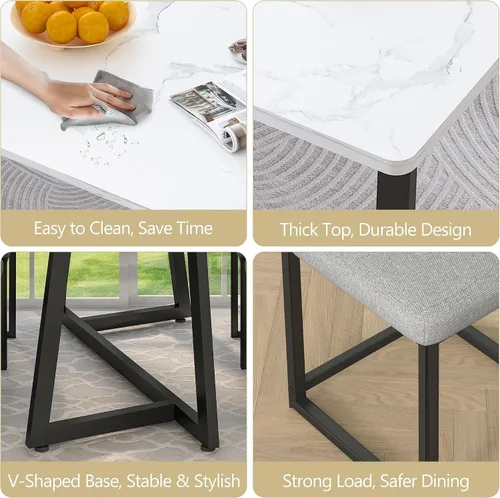 Miniatura 4 de Juego de mesa de comedor de 5 piezas para 4, mesa de cocina de mármol sintético de 47.24 pulgadas con 4 sillas tapizadas de lino, juego de mesa