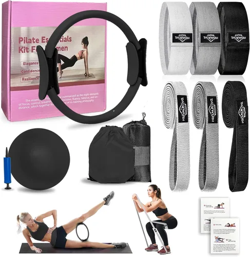 Miniatura 12 de DICYWUDI Kit esencial de pilates para mujeres caseras, equipo de pilates para entrenamientos, 6 bandas de resistencia de tela, anillo de yoga