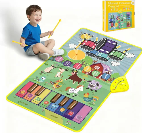 Miniatura 2 de Alfombrilla de piano con sonidos musicales de animales de granja para niños, juguete educativo sensorial de aprendizaje con batería para niños