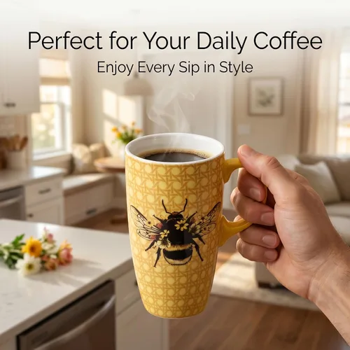 Miniatura 5 de DUSVALLY Taza de cerámica grande Taza de café alta Tazas de viaje de porcelana Taza de café con tapa de 17 onzas, Abeja