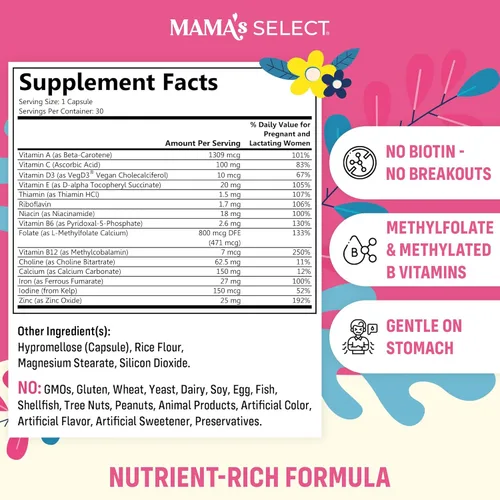 Miniatura 2 de Vitaminas Prenatales de Mama's Select para Mujeres – Libres de Alérgenos, Amigables con MTHFR, Ácido Fólico Metilado y Vitaminas B, Fáciles