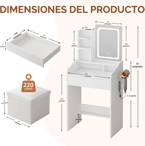 Miniatura 3 de LIVELYGLOW Juego de tocador pequeño con espejo iluminado y estación de energía, escritorio de maquillaje blanco moderno de 24 pulgadas con taburete