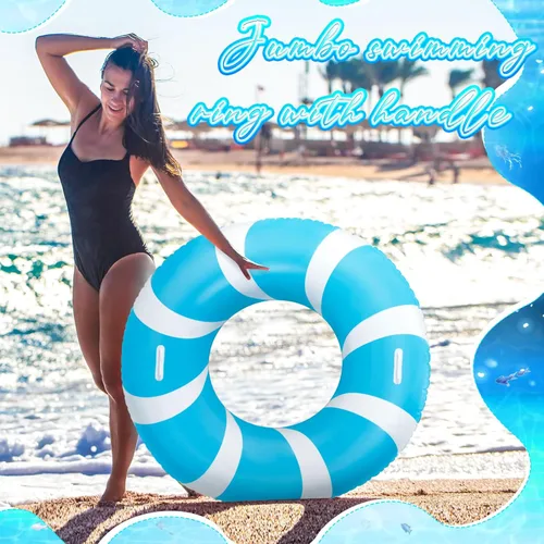 Miniatura 4 de WinnerWhy 2 anillos de natación grandes azules con asas de 47.24 pulgadas, tubo inflable clásico a rayas para piscina inflable para adultos