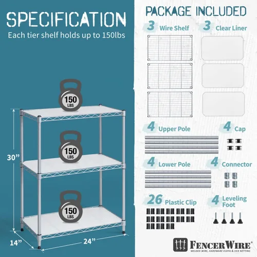 Miniatura 3 de Fencer Wire NSF Estantería de alambre de altura ajustable con forro, estantería de almacenamiento de sótano, estantes de almacenamiento de acero