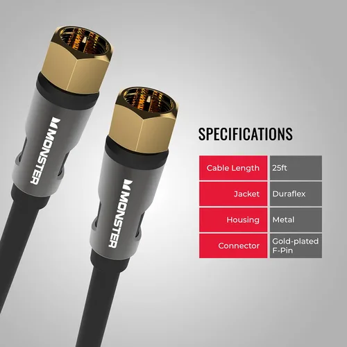 Miniatura 7 de Monster Essentials - Cable coaxial RG-6 con conector de cable coaxial F-Pin chapado en oro, cable de Internet de alta velocidad con cubierta