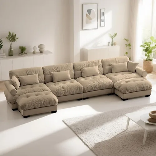 Miniatura 33 de Reposapiés Otomano Tapizado de Terciopelo con Cojín para Sofá Seccional Sofá 300 libras para Sala de Estar (Beige)