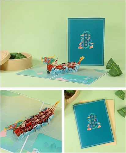 Miniatura 5 de Tarjeta de felicitación del festival de barcos del dragón chino, tarjetas de papel emergentes 3D con sobre para fiesta de Año Nuevo, regalo del día