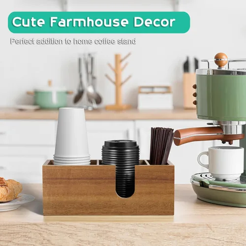 Miniatura 4 de Organizador de tazas de café de madera de acacia ALELION para mostrador - Accesorios y organizador de barra de café de madera - Organizador