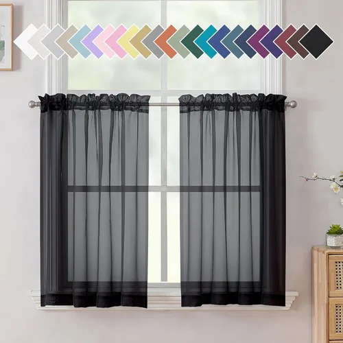 Miniatura 9 de Aiyufeng 2 paneles de cenefa transparente negra de 14 pulgadas de largo, cortinas cortas negras transparentes para dormitorio, cortinas de cocina