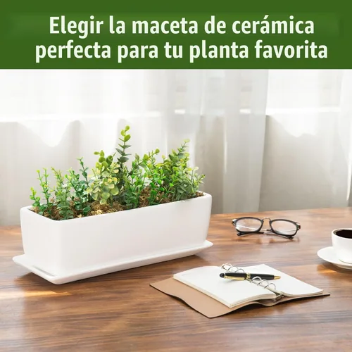 Miniatura 2 de MyGift Maceta de Cerámica de 14 Pulgadas para Plantas de Interior con Agujero de Drenaje, Maceta Rectangular para Suculentas con Caja Abierta