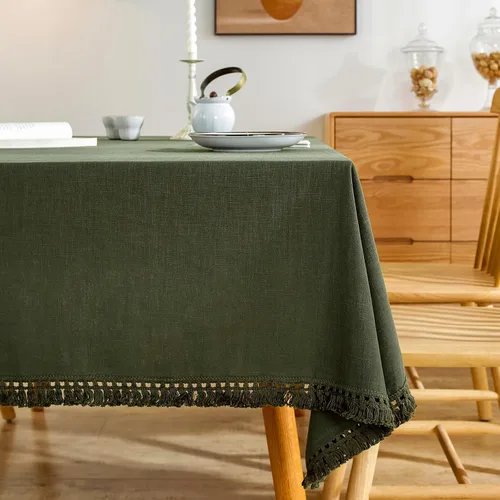 Miniatura 8 de AmHoo - Mantel de lino con borlas y bordado rectangular decorativo para mesa natural para cocina, comedor, buffet de boda, 55 x 55 pulgadas, negro