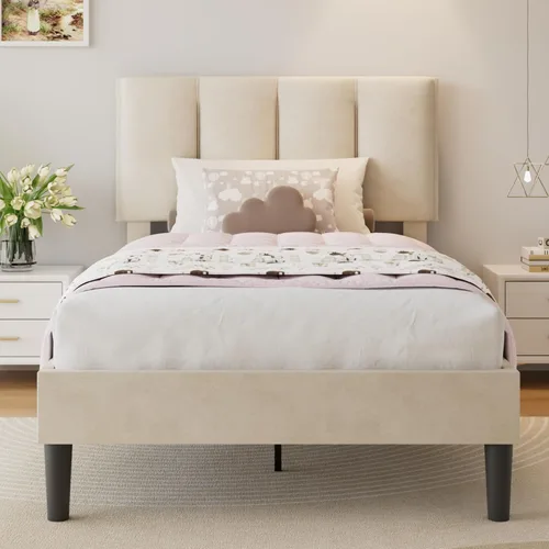 Miniatura 52 de VECELO - Base de cama tamaño individual con cabecera tapizada, plataforma con soporte de listones de madera de alta resistencia, no necesita somier