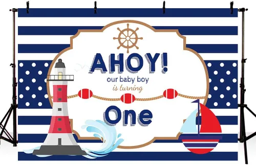 MEHOFOND Ahoy - Telón de fondo náutico para primer cumpleaños con diseño de rayas azules, barco, bebé, bebé, cumpleaños, fotografía de fondo,
