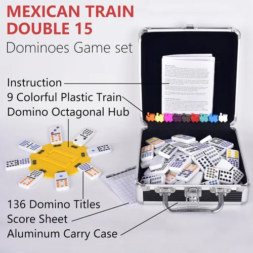 Miniatura 6 de Juego de dominó para adulto, juego de dominó doble de 15 puntos de colores, juego de dominó con funda de aluminio, 136 azulejos (2-10 jugadores)