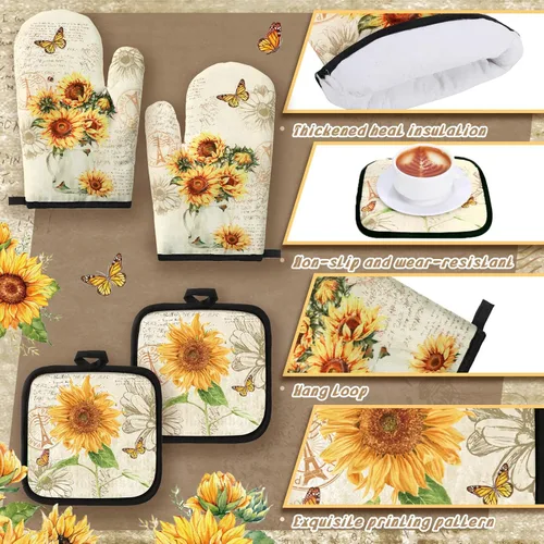 Miniatura 5 de Fourluoo Juego de 10 toallas de cocina de girasol, guantes de horno y soportes para ollas, juego de decoración de cocina de granja para mujeres