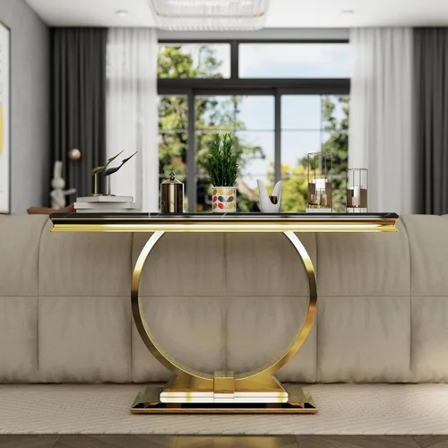 Miniatura 3 de ACEDÉCOR Mesa consola dorada, mesa de entrada de mármol sintético negro de lujo de 50 pulgadas con base de acero inoxidable en forma de U dorada
