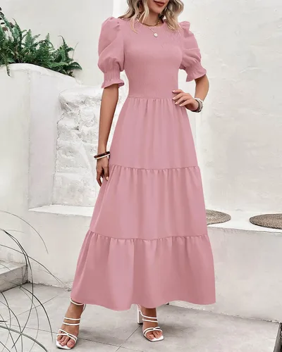 Miniatura 26 de BTFBM Vestidos para mujer, cuello redondo, casual, de verano, con volantes, manga corta, bohemio, con niveles, fruncido, largo, con estampado floral