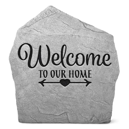 Welcome To Our Home - Roca de jardín grabada - Roca de paisaje - Color gris - 15 pulgadas de ancho x 15 pulgadas de alto Piedra gris