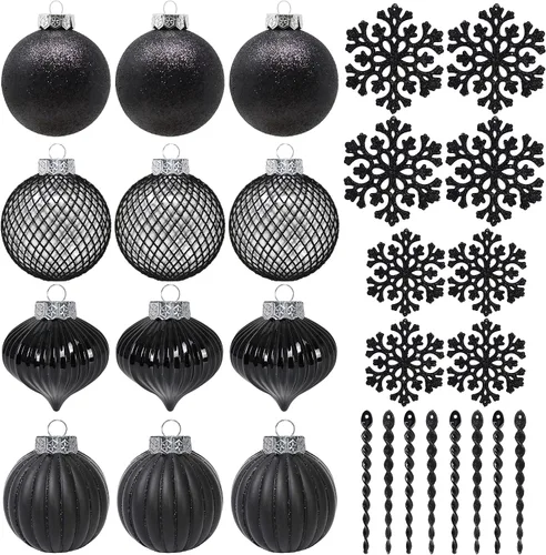 Miniatura 11 de Adornos de Navidad Negros – Decoraciones de Árbol de Vacaciones de Plástico Irrompible de 32 Piezas, 16 Bolas de Nieve con Purpurina (3.15"/2.36")