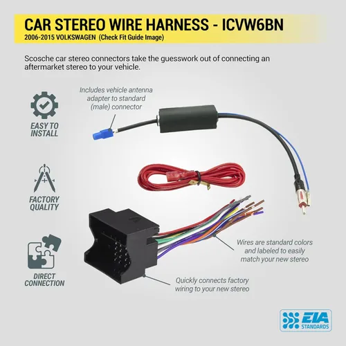 Miniatura 8 de Scosche ICVW6BN Kit de instalación de radio doble DIN para tablero compatible con vehículos Volkswagen amplificados no de fábrica seleccionados