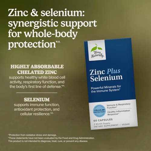 Miniatura 3 de Terry Naturally Zinc Plus Selenio - Suplemento de salud inmune y respiratoria - Suplemento mineral con quelato de bisglicinato de zinc - Fórmula