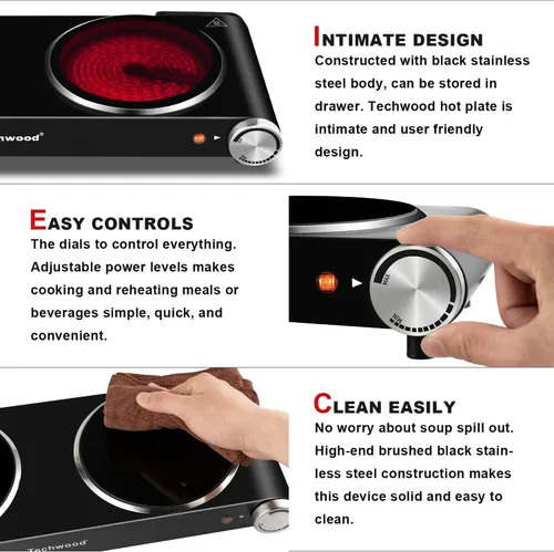Miniatura 5 de Placa caliente, Techwood 1800W de doble quemador eléctrico, estufa de encimera de doble quemador para cocinar, placas calientes de cerámica Negro