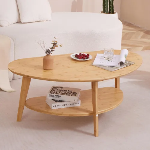 Miniatura 4 de NAVREX Mesa auxiliar moderna de mediados de siglo, mesas de centro ovaladas con almacenamiento para sala de estar, mesa central de madera maciza