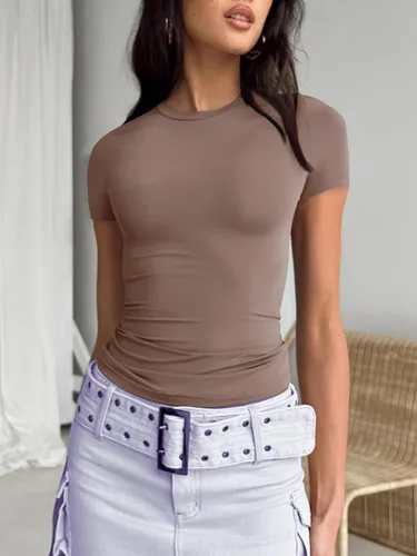 Miniatura 5 de Trendy Queen Camisetas básicas para mujer, cuello redondo, manga corta, lindas camisetas de verano, ajustadas, ropa Y2K