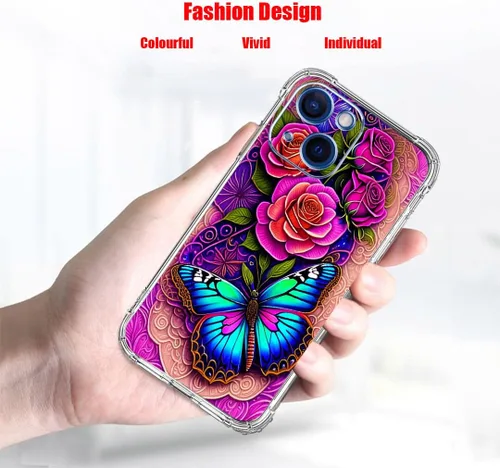 Miniatura 2 de Funda para iPhone 13 Pro Max, protección contra caídas de flores de mariposa azul, rosa, a prueba de golpes, carcasa protectora de cuerpo completo