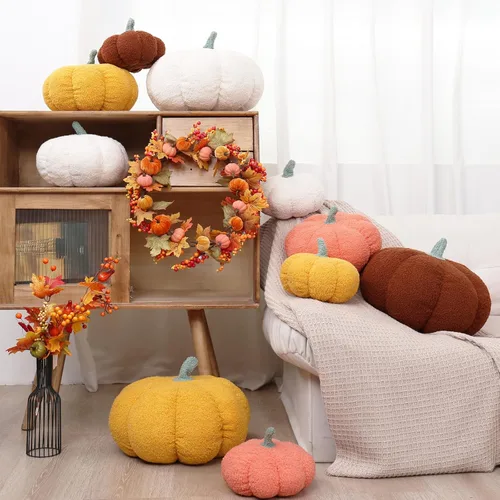 Miniatura 4 de RoseCraft Almohadas de calabaza, 3 piezas, cojines de otoño, decoraciones de Acción de Gracias, felpa esponjosa de otoño para dormitorio, sofá