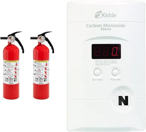 Kidde Extintor de incendios para el hogar, 1-A:10-B:C, extintor químico seco, rojo, soporte de montaje incluido, paquete de 2 y detector de monóxido