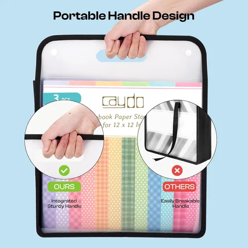 Miniatura 5 de Caydo Organizador de papel para álbum de recortes, paquete de 3 folios de papel expandible negro con asa, almacenamiento de papel portátil