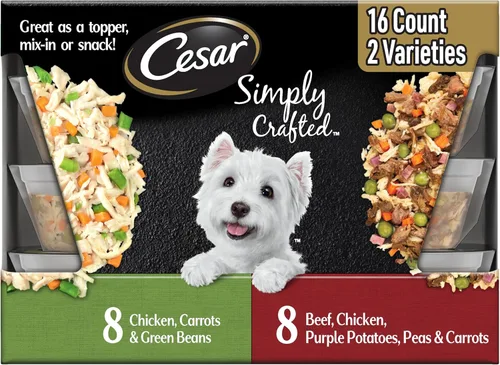 Thierry Mugler Cesar Simplemente elaborado para adultos para adultos Comida para perros Comida Topper Variedad Pack, Pollo, Zanahorias, Y Frijoles