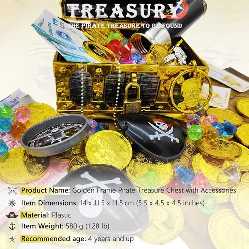 Miniatura 6 de Juego de 128 piezas de cofre del tesoro pirata con marco dorado para niños, juguetes de simulación pirata vintage, incluye monedas, joyas, dinero