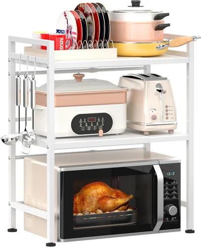 Miniatura 16 de PUSDON Estante para horno microondas negro texturizado, organizador de encimera de cocina expandible de 2 niveles, soporte de acero al carbono
