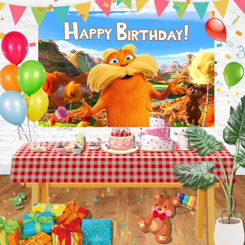 Miniatura 2 de The Lorax - Telón de fondo para fiesta, suministros para fiestas de cumpleaños con temática de Dr. Seuss, fondo para fotos, decoración de pasteles