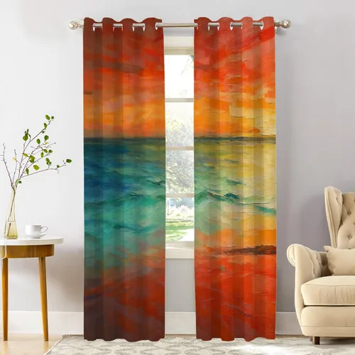 Miniatura 22 de Shrahala Beige and Orange Abstract Art Brushstrokes Blackout Curtain Tiers, Abstract Oil Paint Kitchen Valance Light Blocking Tier Drapes with Rod
