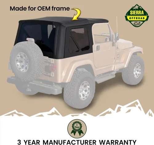 Miniatura 6 de Revestimiento superior estilo de fábrica Sierra Offroad para Jeep Wrangler TJ (1997-2002), funda blanda con vidrios polarizados, sin puertas Negro