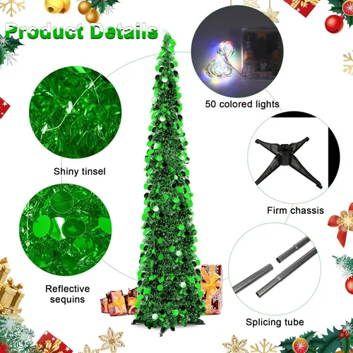 Miniatura 3 de Aoriher Árbol de Navidad de Oropel Verde Preiluminado Emergente de 5 pies, Decoración Reutilizable Plegable Artificial con Lentejuelas, Árbol