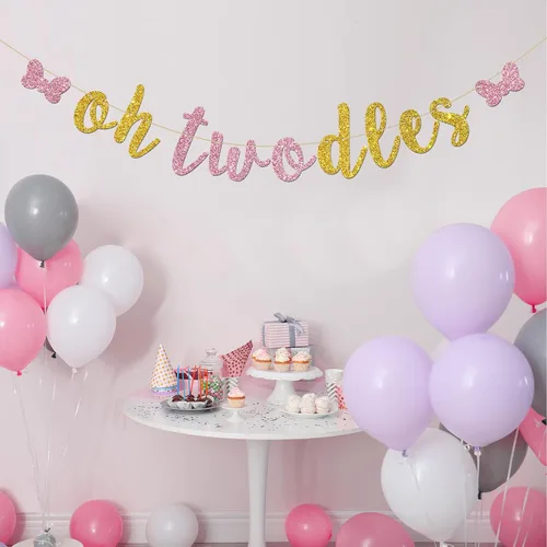 Miniatura 7 de Cartel de Oh Twodles – Decoración de fiesta de feliz segundo cumpleaños para niñas – tema de ratón de dibujos animados, suministros de decoración